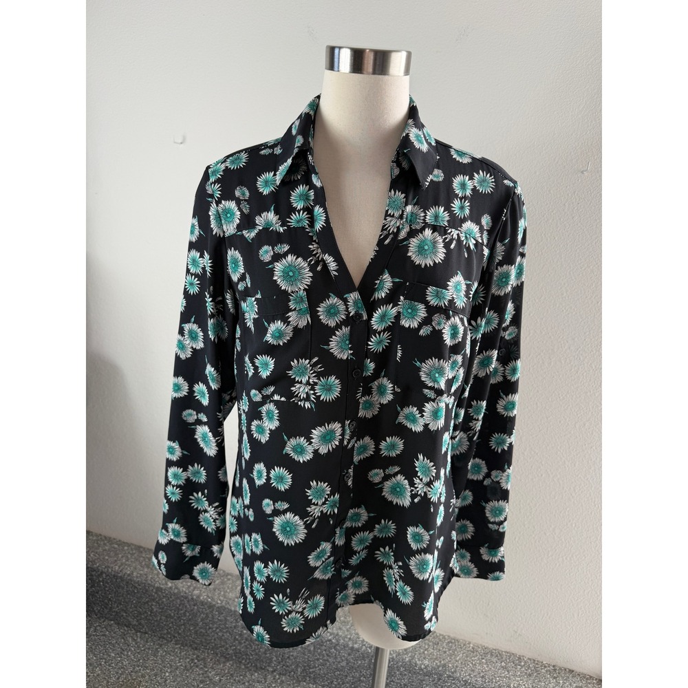 Express Portofino Shirt Womens Large Slim Fit Floral Button Up Roll Tab Sleeve